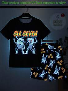 Tween Boys Glow-In-The-Dark Graphic Print Snug Fit Pajama Set, 2pcs - Includes Short Sleeve Top And Shorts - Black - View 4