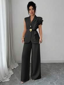 Traje formal elegante de mujer color albaricoque, conjunto de blazer con cuello de volantes de organza con lentejuelas y cintura con lazo, que incluye chaqueta sin mangas y pantalones rectos, color burdeos, adecuado para Halloween, Navidad, - Negro - Ver 5