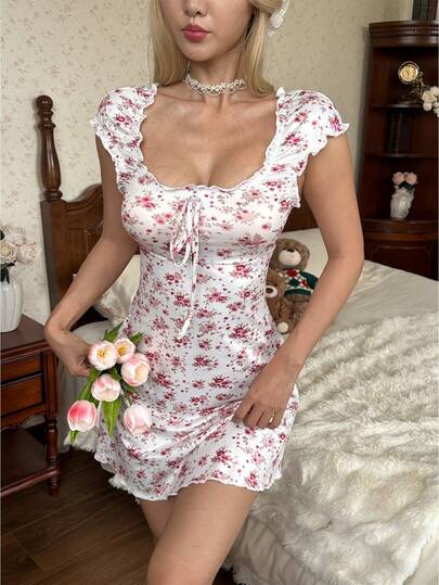 CottageSlumber French Ditsy Floral Frill Trim Women Nightgown