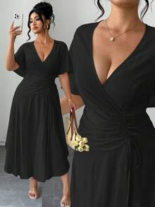 Elenzga Vestido Maxi Plus Size Feminino de Verão, Estilo Francês Elegante, Luxo Minimalista, Design Casual Boêmio para Férias/Trabalho, Festa Formal e Deslocamento, Estilo Vintage, Confortável, Tecido Preto Semelhante ao Linho, Decote em V Cruzado, Cintura com Cordão, Costas Franzidas, Cintura Elástica, Barra Assimétrica, Manga Flare - Preto - Visão 1