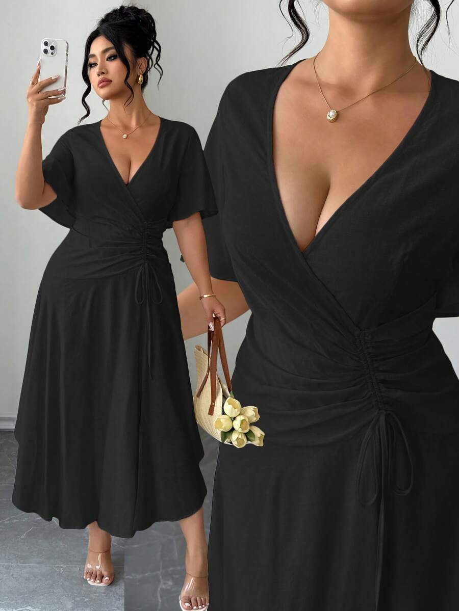 Elenzga Vestido Maxi Plus Size Feminino de Verão, Estilo Francês Elegante, Luxo Minimalista, Design Casual Boêmio para Férias/Trabalho, Festa Formal e Deslocamento, Estilo Vintage, Confortável, Tecido Preto Semelhante ao Linho, Decote em V Cruzado, Cintura com Cordão, Costas Franzidas, Cintura Elástica, Barra Assimétrica, Manga Flare - Preto - Visão 1