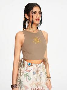 ROMWE Áo tank top nữ kiểu hippie thêu họa tiết tia nắng mặt trời, xếp ly. - Màu Khaki - Xem 5