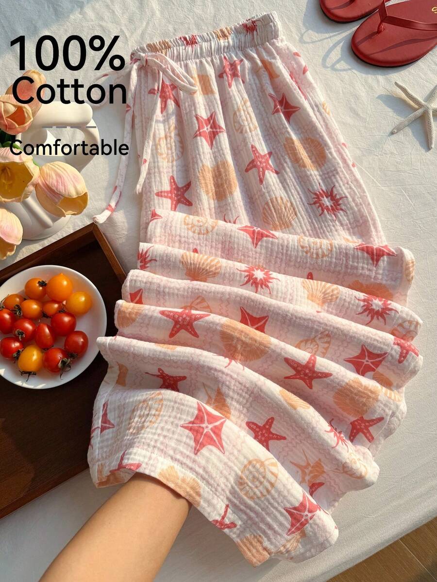 Comfortcana 100%纯棉面料,格子海洋印花,松紧腰宽松休闲裤,柔软雪纺,春夏款 - 彩色 - 查看 1