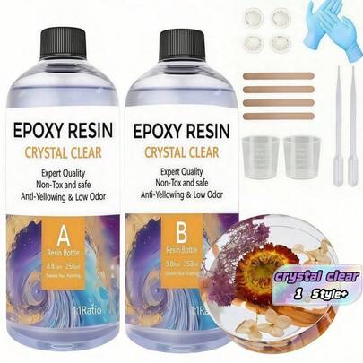 500ml 水晶环氧树脂套件 - 桌面环氧树脂套件 - 用于树脂模具、桌面、艺术树脂、工艺品、珠宝铸造、DIY、玻璃杯和木制工艺装饰的环氧树脂，简单混合比例为 1:1