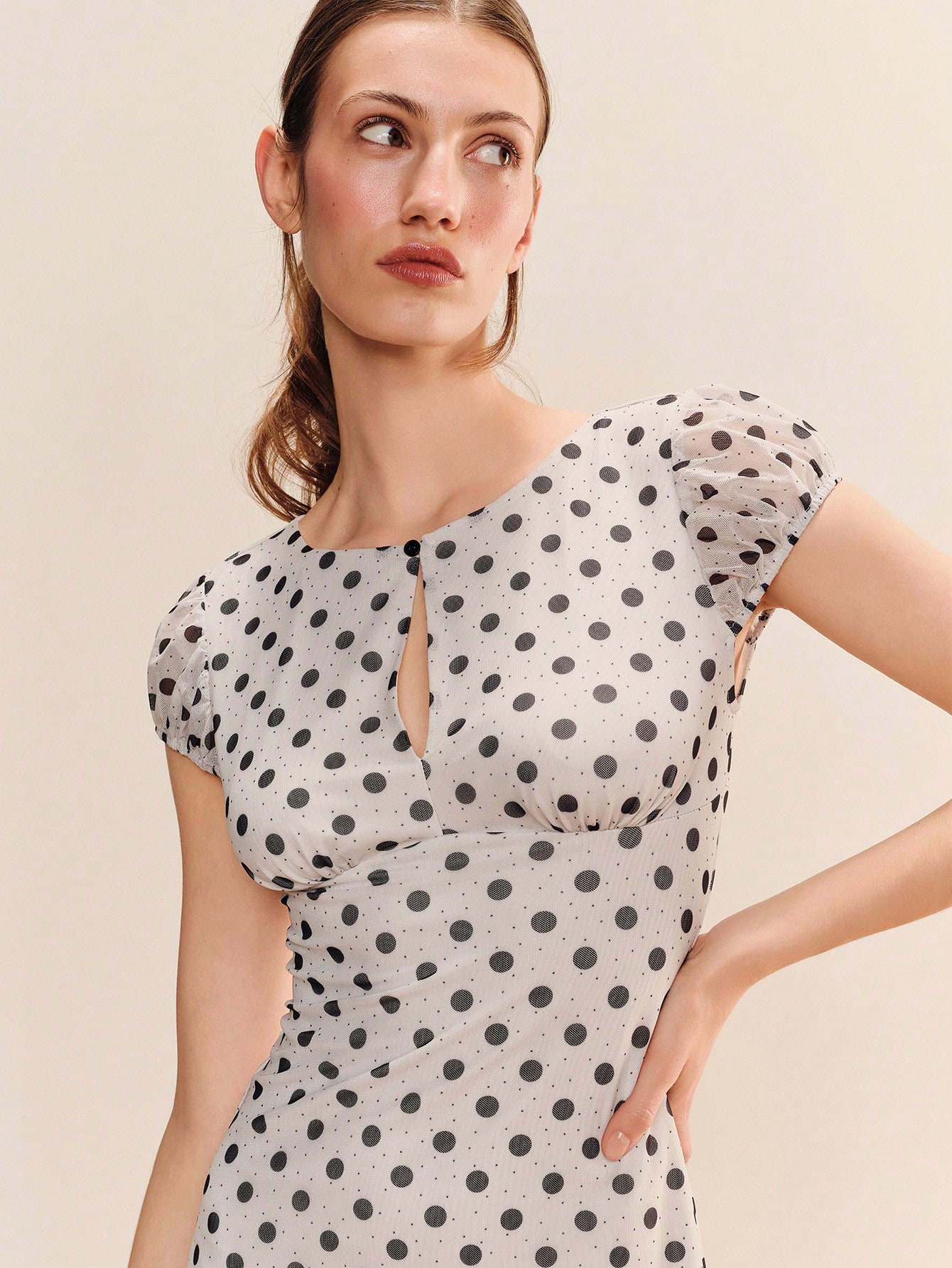 White Polka Dot Mesh Mini Dress, Puff Sleeves, Keyhole Opening At The Front, Spring Summer To Go Out