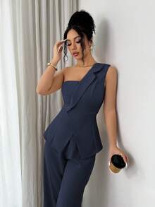 Elenzga Regata Solta com Decote Alto Franzido em Cetim Seda Macio Estilo Ilha, Elegante Estilo Romântico Francês Vintage para Escritório, Trabalho, Casual, Praia e Férias, Primavera/Verão Novo - Azul Marinho - Visão 5