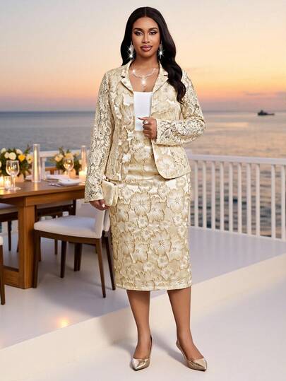 Fleurora Plus Size Lace Patchwork Jacquard Jacket And Skirt Suit Set Formal Attire For Women Elegant Coord Outfit Business Outfits