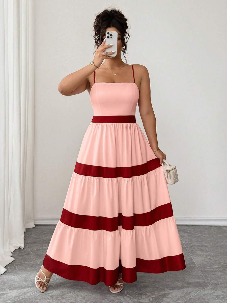 Elenzga Plus Size Women's Summer New Colorblock Floral Print Waist Slimming Retro Spaghetti Strap Dress, Suitable For Casual, Beach, Date, Commute - Multicolor - View 1