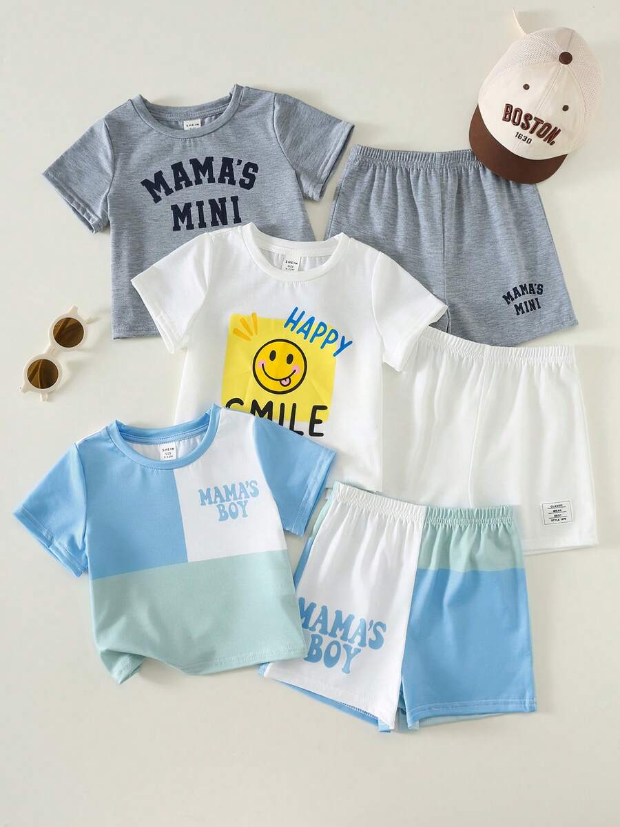 SHEIN 6件套男/女婴夏季休闲可爱撞色T恤短裤多件套服装,基础款可爱套装 - 彩色 - 查看 1