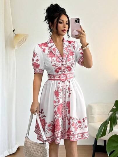 Rafferiza Bộ trang phục nghỉ mát lãng mạn, thanh lịch dành cho nữ, váy ngắn tay ngắn in hoa màu xanh trắng, eo thon, thích hợp cho mùa xuân/hè.