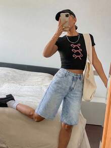 少女时尚返校节街头风混搭百搭设计 Y2K 复古酷炫街头浅蓝色宽松简约清爽水洗阔腿五英寸牛仔短裤，适合日常穿着以及春夏锐舞节和街头服饰。 - 藍色 - 查看 3