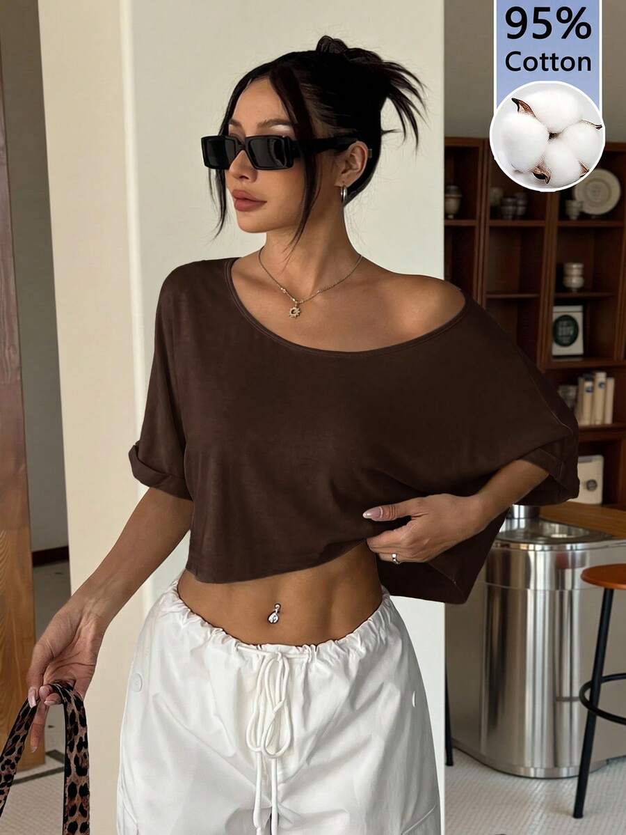 SHEIN EZwear 舒适性感露肩休闲棕色针织宽松不对称领T恤,时尚别致 - 棕色 - 查看 1