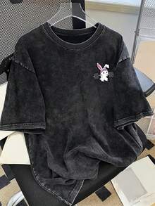 Claim Dot Men's Cartoon Rabbit Printed Washed Cotton T-Shirt Casual Simple Cartoon Rabbit Print T-Shirt - Black - View 1