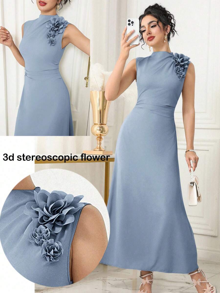 Modelyn Women's Elegant Ellegant Solid Color 3D Floral Sleeveless Dress,Summer Dresses For Women,Dresses For Women Summer Dining Dusty Blue - Blue - View 1