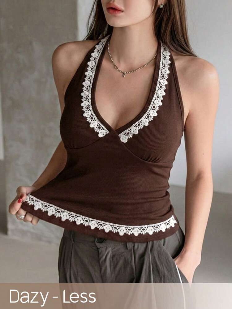 Women's V-Neck Lace Embroidered Splice Contrast Color Spaghetti Strap Tight Fit Casual Street Vacation Beach Tank Top, Spring/Summer