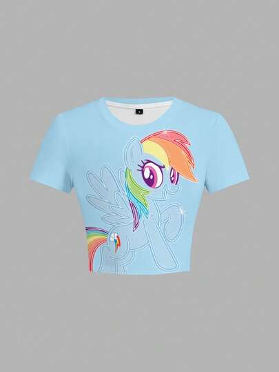 My Little Pony X SHEIN Women's Casual Unicorn Print Fitted Cropped T-Shirt, Summer