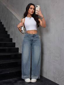 SHEIN Quần jeans nữ ống đứng dáng rộng, quần denim thường ngày đa năng. - Rửa nhẹ - Xem 1