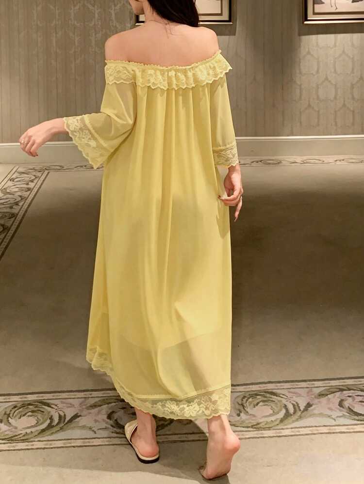 Lace Patchwork Off-Shoulder Loose Nightgown, Women Sleepwear Dress Summer