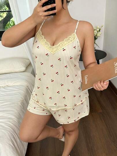 Napfluff CURVE Napfluff CURVE Plus Size Summer Casual Striped Cherry Print Camisole Top And Shorts Pajama Set