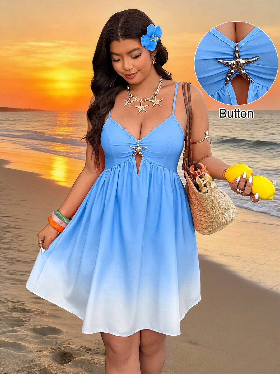 Breezaya Đầm ngắn gợi cảm dáng rộng dành cho nữ, dây mảnh, thắt eo bằng kim loại đính sao biển, thích hợp cho kỳ nghỉ biển. - Nhiều màu - Xem 1