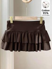 Comfortcana Women's Casual Everyday Commute Solid Color Layered Ruffle Hem Skirt, Summer - Brown - View 5