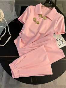 SuriyaCove Blusa de manga corta con cuello regular + Pantalones de pierna recta con bolsillos en diagonal - Rosa - Ver 3