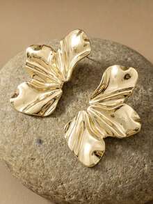 Arave 1 par de pendientes metálicos de media luna ondulada con flores para mujeres, joyas para el oído de verano vintage, exageradas, europeas y americanas, regalo para niña - Amarillo Oro - Ver 5