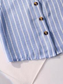SHEIN Tween Girls' Summer Casual Vacation & Commute Striped Print Sleeveless Shirt And Pleated Mini Skirt Set - Blue - View 7