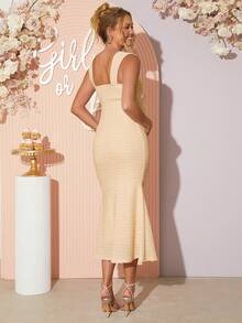 Loomaby Maternity Solid Color Fitted Square Neck Sleeveless Dress - Apricot - View 2