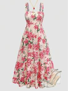 Ceyna Robe longue à volants avec imprimé floral, bretelles spaghetti et buste réglable pour femmes grandes tailles - Multicolore - Voir 4