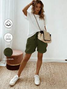 SHEIN Holidaya Quần short nữ mùa hè mới, chất liệu vải lanh, kiểu dáng thường ngày, có dây rút ở eo và gấu quần được cuộn lên, mang đến vẻ ngoài thoải mái nhưng vẫn thanh lịch, phù hợp cho những buổi đi chơi hàng ngày, kỳ nghỉ hoặc những dịp thường nhật nhẹ nhàng. Đây là một món đồ đa năng trong dòng quần short thường ngày có dây rút, quần kaki chất lượng cao và quần ống rộng ôm dáng. - xanh quân đội - Xem 5