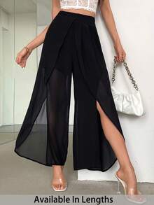 SHEIN PETITE CURVE Pantalon élégant taille haute pour femmes grandes tailles, avec ourlet asymétrique et détails de fente, léger et gracieux, convient pour le travail et les vacances d'été - Noir - Voir 3
