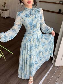 Modelyn 女士蓝色系带领褶皱腰身连衣裙，适合春秋季户外穿着 - 藍色 - 查看 6