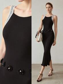 MOTF PREMIUM ELEGANT VACATION STYLE BLACK CONTRAST WHITE TRIM KNIT DRESS - Black - View 7