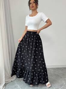 Modelyn Petite Women's Printed Woven Black Floral Elastic Waist A-Line Skirt Black Bow Print Elastic Waist Maxi Skirt Casual A-Line Bow Print Long Skirt Soft Lightweight Flowy Fabric Elastic Gathered Waistband Daily Street Casual Wear  Beachside Vacation Wear Spring Outdoor Picnic Gathering Casual Family Gathering Summer Cute Feminine Chic - Black - View 4