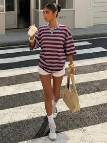 Muchica 95% Cotton Blue And White Stripe Women's T-Shirt,Summer Streetwear City Break Round Neck Loose Dropped Shoulder Mid-Length Top,Y2K Style Casual Wear - Multicolor - View 5