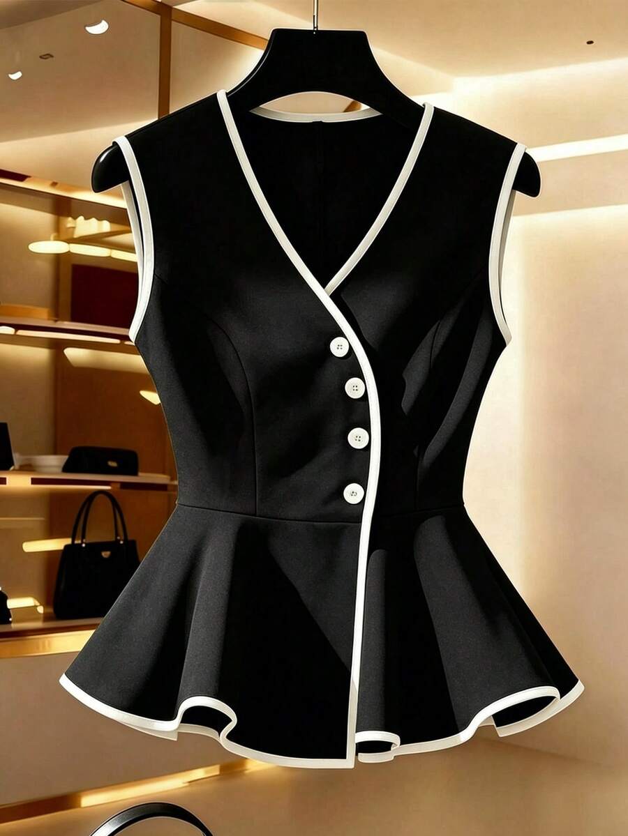 Qadelle Women's White With Black V-Neck Asymmetric Single-Breasted Ruffle Hem Fashionable Casual Sleeveless Blouse, Chic And Slimming, Spring/Summer - Black - View 1