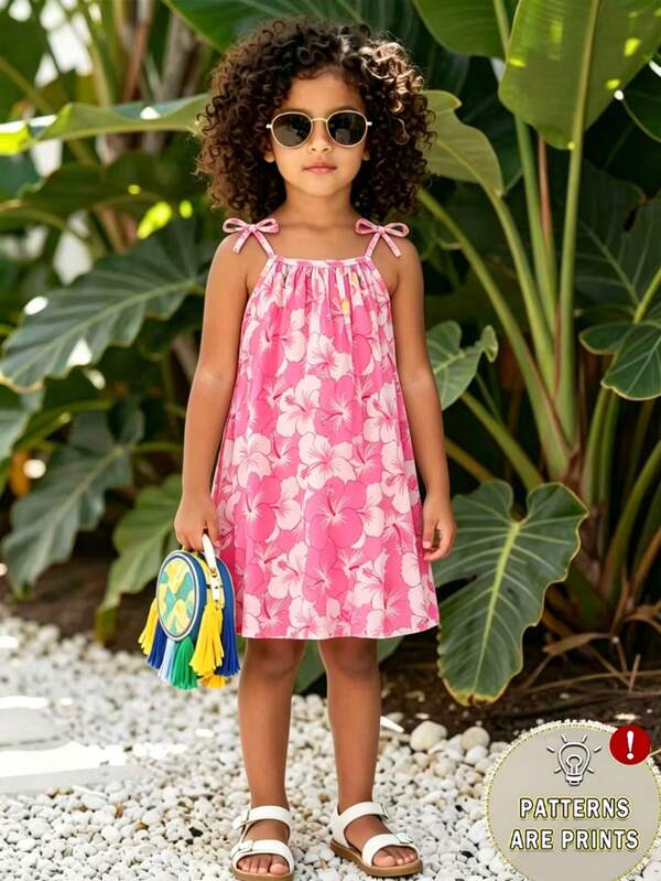 SHEIN Elladie kids 少女度假风彩色热带花卉渐变印花吊带连衣裙，配蝴蝶结，充满活力的夏日气息，童趣十足，适合春夏度假外出。