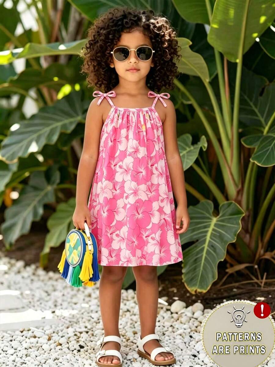 SHEIN Elladie kids 少女度假风彩色热带花卉渐变印花吊带连衣裙,配蝴蝶结,充满活力的夏日气息,童趣十足,适合春夏度假外出。 - 彩色 - 查看 1