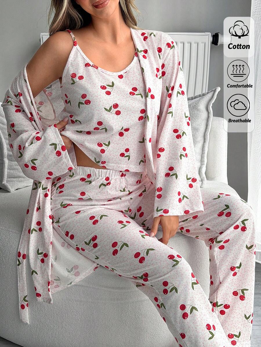 Cotton 3 Pcs Cute CHERRY Pattern Homewear Pajama Set - White - View 1