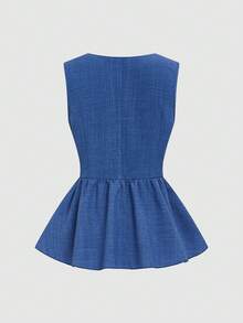 Elenzga Blusa sin mangas con cuello cuadrado y cintura ceñida para mujer, con diseño texturizado, botones de perla y dobladillo con volantes, para verano - Neblina azul - Ver 4