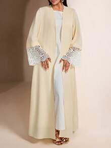Veilorie Women's Elegant Patchwork Water-Soluble Lace Front Open Abaya Robe - Yellow - View 8