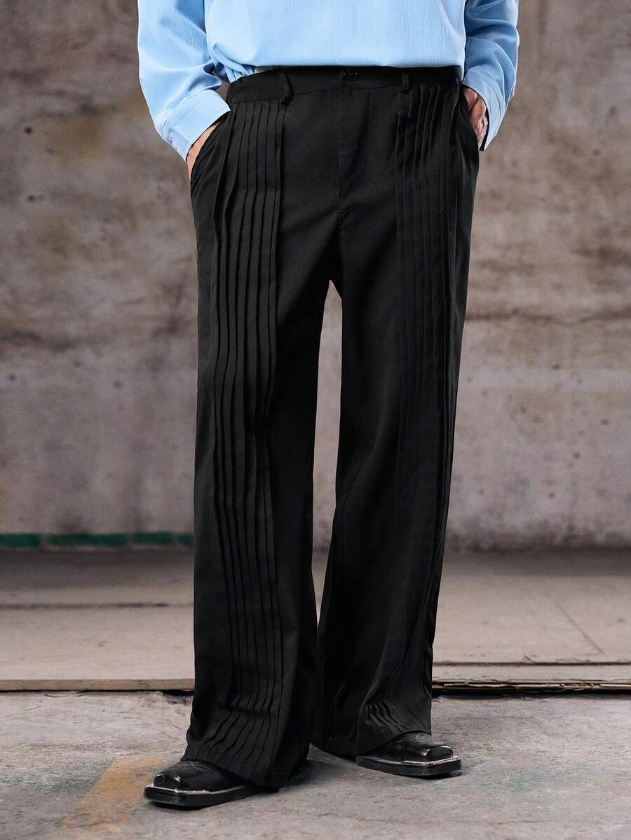 Skyrend Men's Black Wide Leg Pants With Pleated Design, Street Style Long Trousersemo - Black - View 1