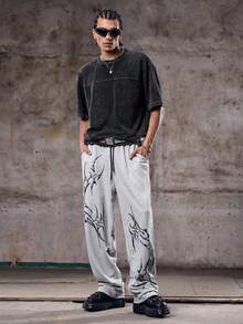 Skyrend Gothic Style Print Straight Leg Sweatpants, Loose Fit, Unisex, Streetwear Casual, Comfortable Sports Wear, Sweatpants, Casual Pants, Athletic Pantsemo - Light Grey - View 3