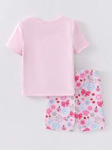 Bộ 2 quần short ngắn tay ôm sát cho bé gái, in hình chú cún hoạt hình dễ thương và cầu vồng, mềm mại và thoải mái, thích hợp mặc ở nhà, đi chơi và hoạt động ngoài trời vào mùa hè. - Hồng - Xem 2