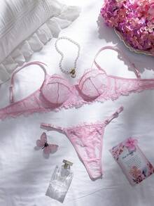 Divavoom 2pcs/Set Rose Red Mature Sensual Lace Patchwork Lingerie Set - Pink - View 4