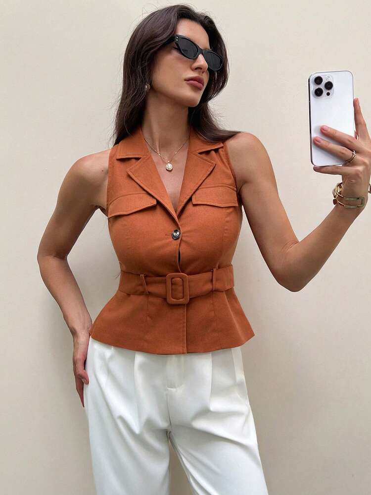 Solid Color Collared Belted Sleeveless Jacket, Elegant Formal Summer Vest For Women
