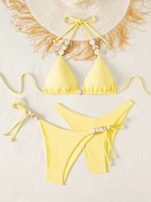 Swim Mod Bộ bikini 3 mảnh màu vàng gợi cảm buộc dây phía trước dành cho nữ, thích hợp cho bãi biển và kỳ nghỉ, mùa xuân/hè. - Màu vàng - Xem 2