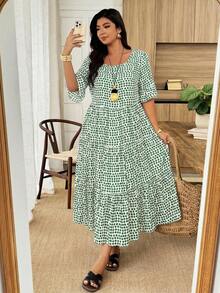 SHEIN LUNE فستان متوسط الطول بياقة طاقم بنقاط بيضاء وسوداء، فستان للمرأة بمقاسات كبيرة مناسب للربيع والصيف. مناسب للخروجات اليومية، العطلات، الارتداء اليومي، المكتب، والحفلات. - متعدد الألوان - مشاهدة 3