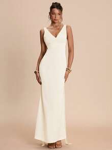 SHEIN BAE Cream White Backless Tie Strap Fitted Satin Mermaid Dress, Elegant Sexy For Brunch Dinner Date, Bridesmaid, Party, Formal Occasions, Birthday, Summer - Apricot - View 2